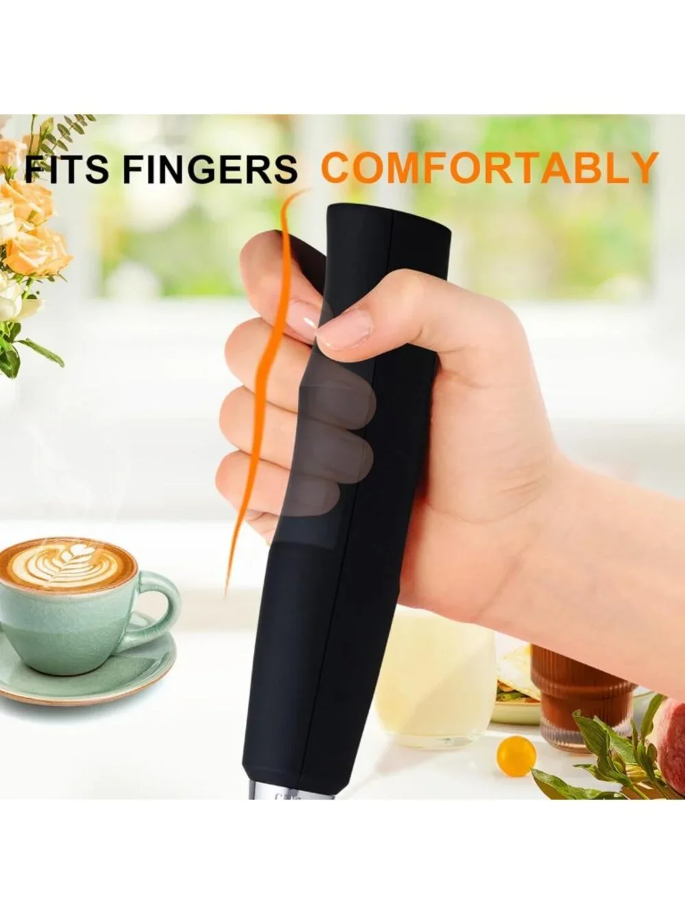Rechargeable Black Handheld Milk Frother Wand - 3 Speeds, 3 Heads for Coffee
